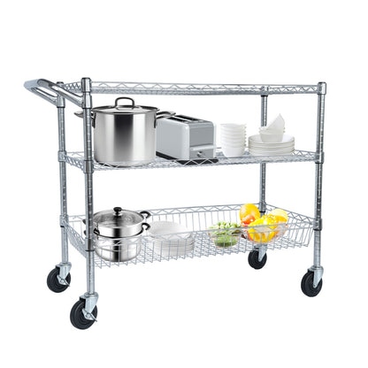 US Local Heavy Duty Rolling Utility Cart,3 Tier Rolling Carts With Wheels,with Handle Bar  Shelf Liners,36X18X32  Storage Cart For Kitchen,Restaurant,Plant Display,Chrome