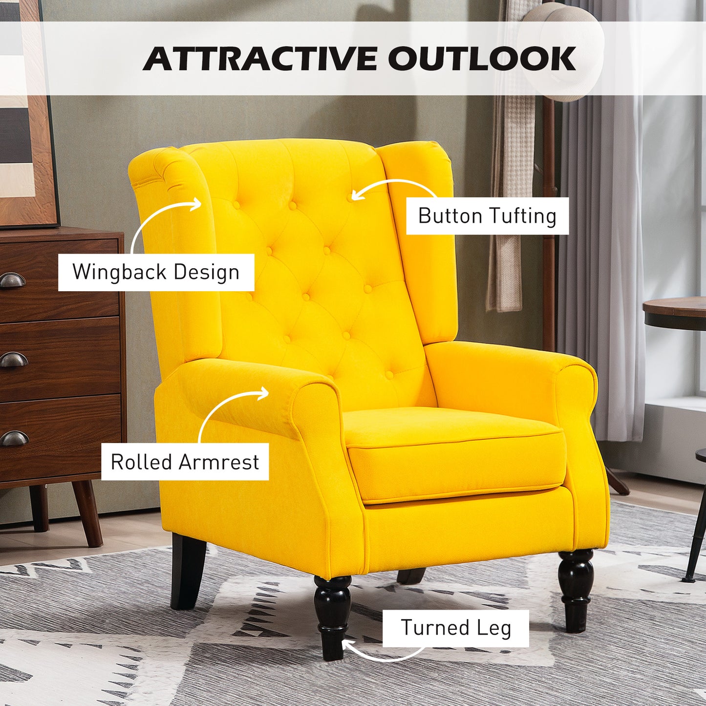 US Local Wingback Accent Chair For Living Room, Button-Tufted Lounge Chair With Round Armrests And Wood Legs, Yellow