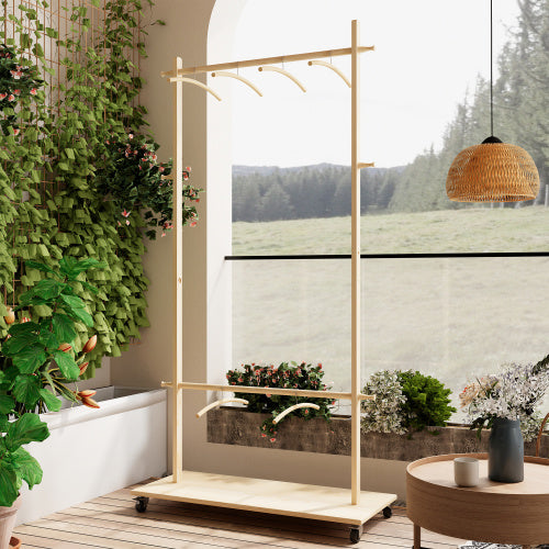 US Local Solid Wood Garment Clothes Rack With 6 Wooden Hangers, Space-Saving Design, Adjustable Shelf, And Wheels For Easy Mobility Perfect For Bedroom, Living Room, Or Entryway