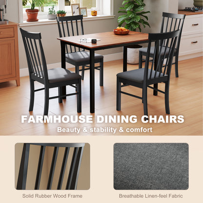 US Local Wooden Dining Chairs Set Of 4, Farmhouse Upholstered Kitchen Chairs With Rubber Wood Frame, Black And Gray