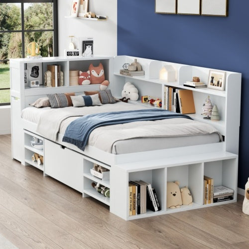 UK Local Children's Bed, Single Bed-3ft 90x190cm, Single Bed, Multifunctional Children's Bed With Drawers, Bookcase And Storage Cupboard, Large Storage Space, Slatted Frame, Without Mattress, White