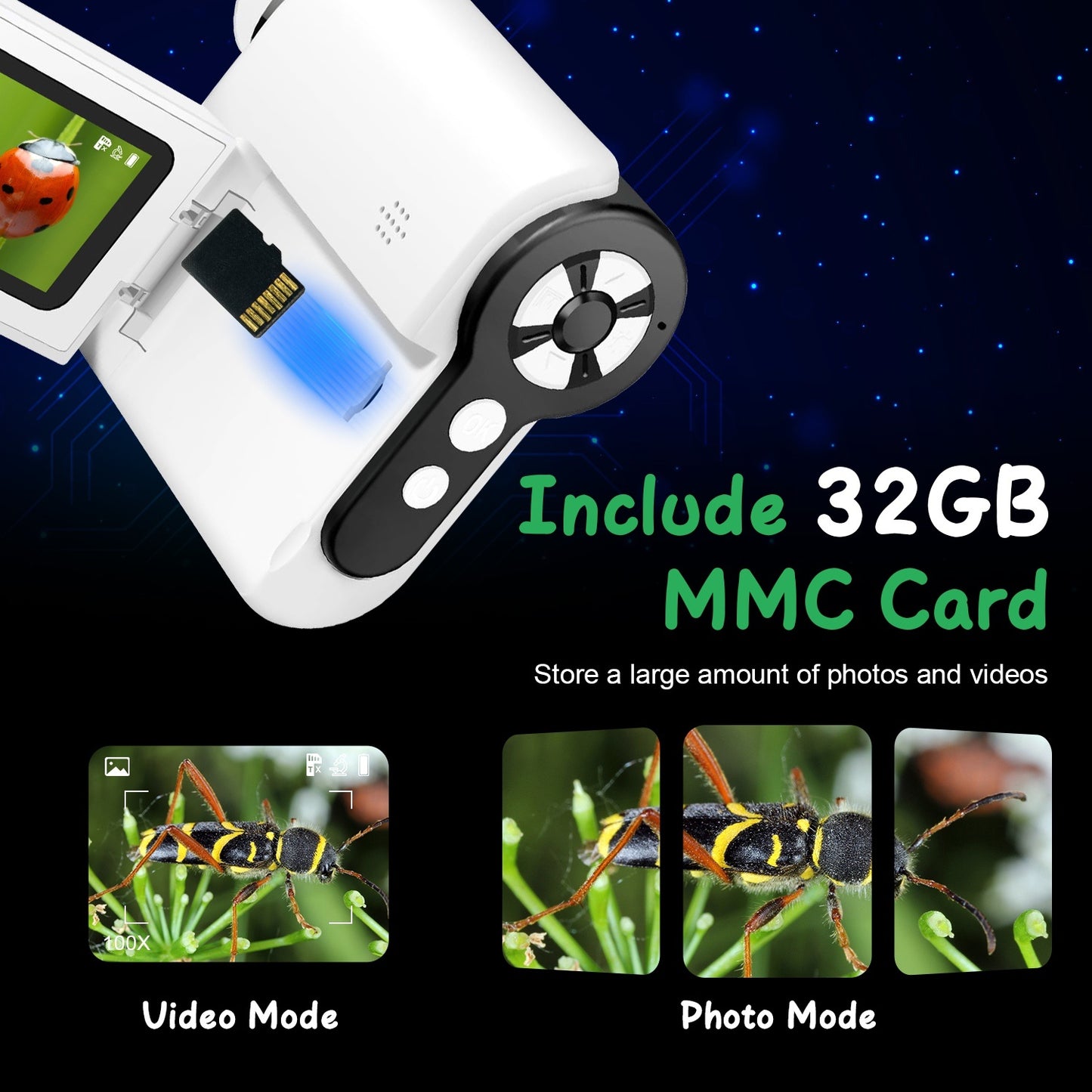 US Local 1Pc 3 In 1 Kids Microscope Telescope Camera 1,000X Handheld USB Mini Microscope With LED Light 6 Sample Slides 32G MMC Card For Boys Girls Aged 6 Years Old