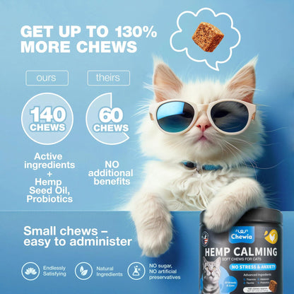 US Local Cat Calming Treats with Hemp & Melatonin – Soft Chews for Anxiety Relief, Stress, Travel, Storms & Grooming Support