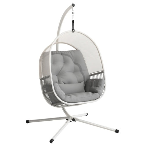 UK Local Outsunny Hanging Egg Chair Outdoor Indoor, Swing Hammock Chair With Stand, Cushions, Lumbar Pillow, Adjustable Height And Steel Frame For Garden Patio Lounge Porch, Light Grey