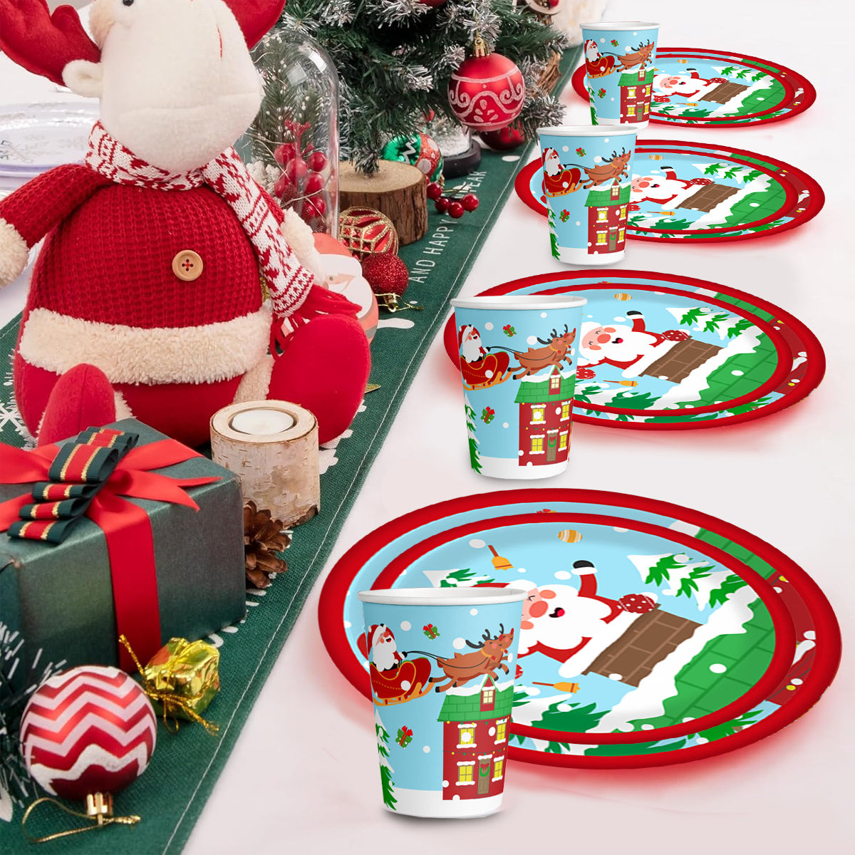 US Local Christmas Paper Plates And Cups Set Decorations For 10 Guests Santa Claus Elk Pattern Plates And Cups For Winter Holiday Christmas Party Decorations