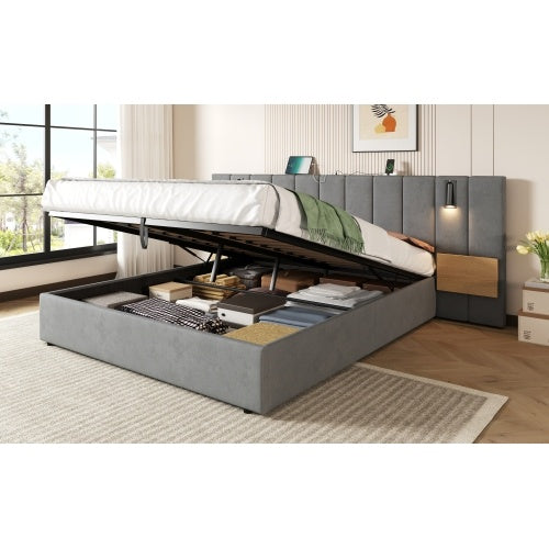 UK Local King Upholstered Bed With Charging Station, Velvet Hydraulic Storage Bed With Reading Light, 5ft King Bed Frame With Channel Tufted Headboard And Adjustable Bedside Shelf, Grey No Mattress