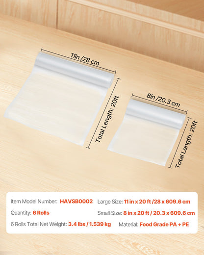 US Local 6 Rolls Vacuum Sealer Bags 11 In X 20 Ft & 8 In X 20 Ft Customizable Non-BPA Bag