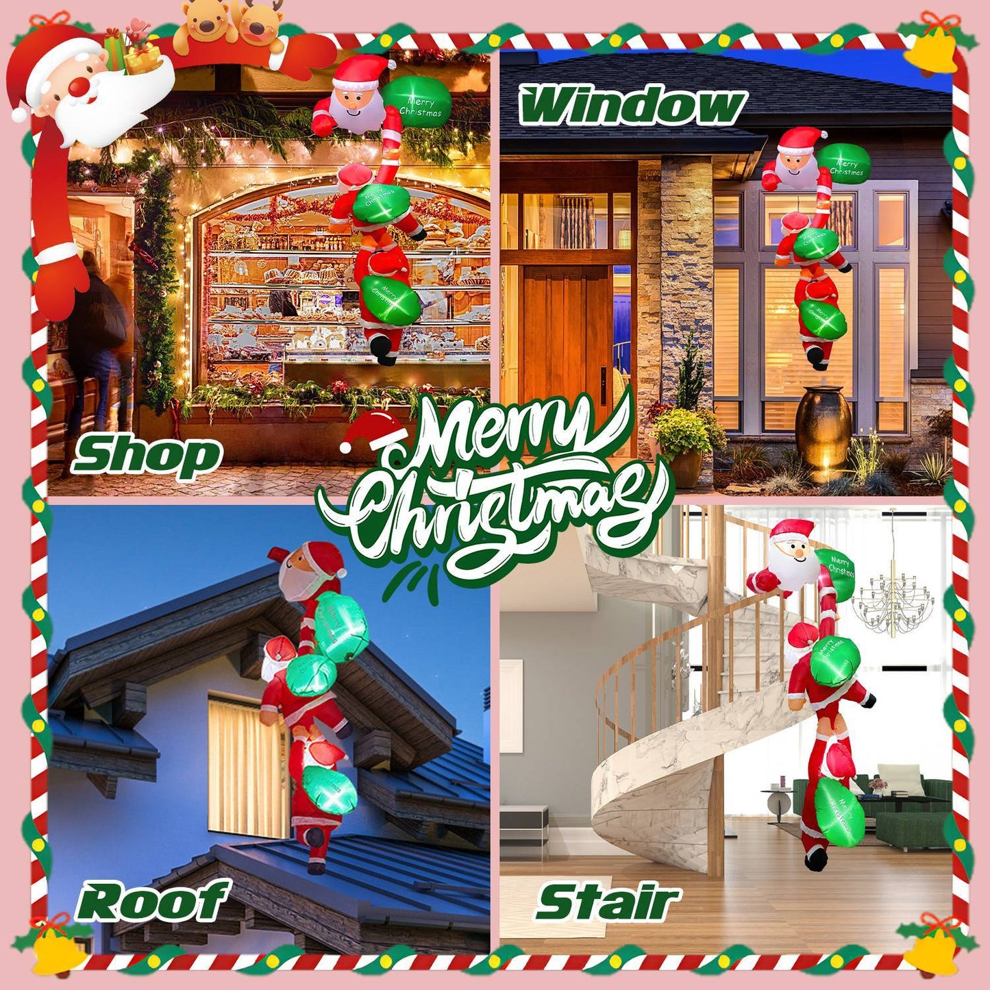 US Local 1 Pc 8FT Climbing Inflatable Santa Claus With Light Hanging Blow Up Christmas Inflatable Indoor Outdoor Christmas Decorations 3 Santa Claus 3 Merry Christmas Boards