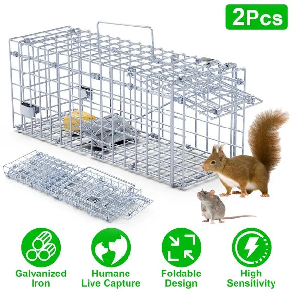 US Local 2Pcs Foldable Rat Trap Cage Humane Live Rodent Trap Cage Galvanized