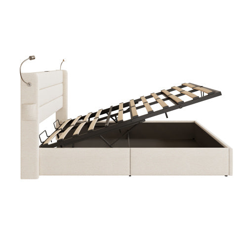 UK Local King Upholstered Bed With Charging Station, Linen Hydraulic Storage Bed With Adjustable LED Reading Light, 5ft Double Bed Frame With USB And Type  C Ports, No Box Spring Needed, Beige