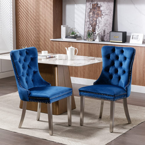 US Local High-end Tufted Solid Wood Contemporary Velvet Upholstered Dining Chair With Chrome Stainless Steel Plating Legs,Nailhead Trim,Set Of 2