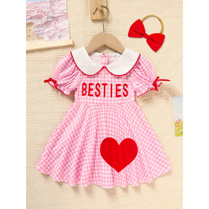 US Local Sweet Baby Toddler Girl's Short Sleeve Letter Heart Print Doll Collar Dress With Matching Headband