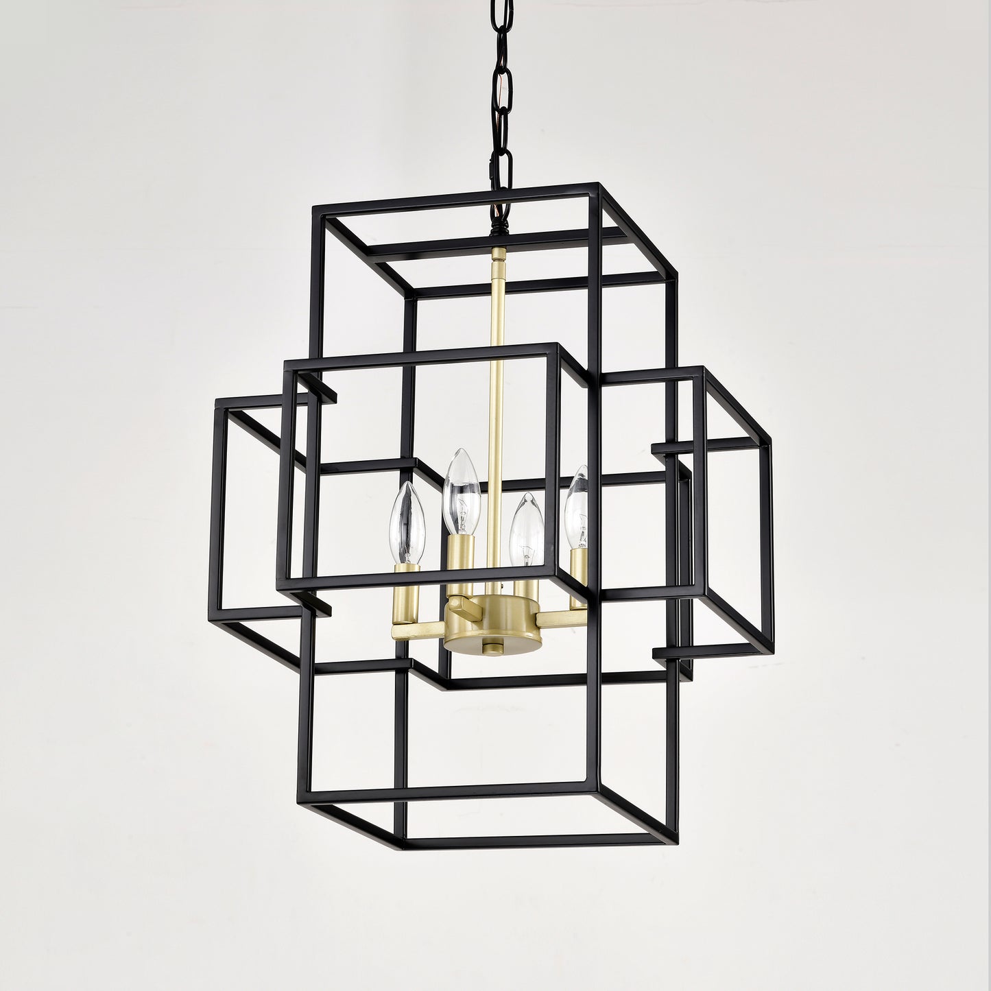 US Local 4-Light Metal Lantern Tiered Pendant Hanging Light Fixtures, Industrial Farmhouse Adjustable Height Chandeliers For Dining Room Hallway Foyer Entryway--Matte Black & Gold