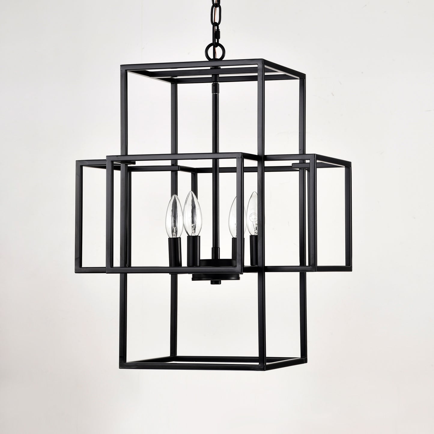 US Local 4-Light Metal Lantern Tiered Pendant Hanging Light Fixtures, Industrial Farmhouse Adjustable Height Chandeliers For Dining Room Hallway Foyer Entryway--Matte Black