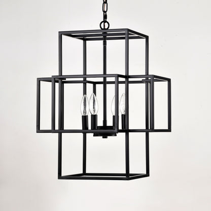 US Local 4-Light Metal Lantern Tiered Pendant Hanging Light Fixtures, Industrial Farmhouse Adjustable Height Chandeliers For Dining Room Hallway Foyer Entryway--Matte Black