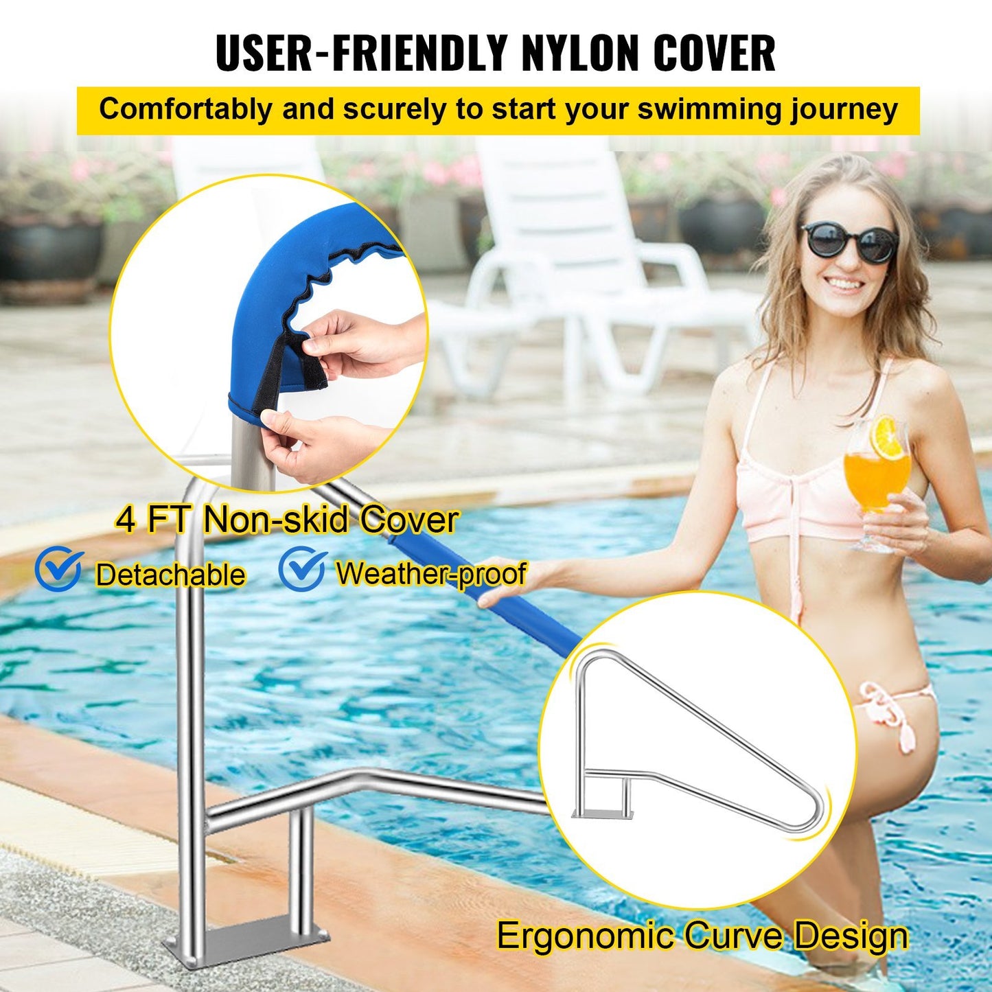 VEVOR Pool Rail 55x32 Pool Railing 304 Stainless Steel 250LBS Load Capacity Silver Rustproof Pool Handrail Humanized Swimming Pool Handrail With Blue Grip Cover & M8 Drill Bit & Self-Taping Screws