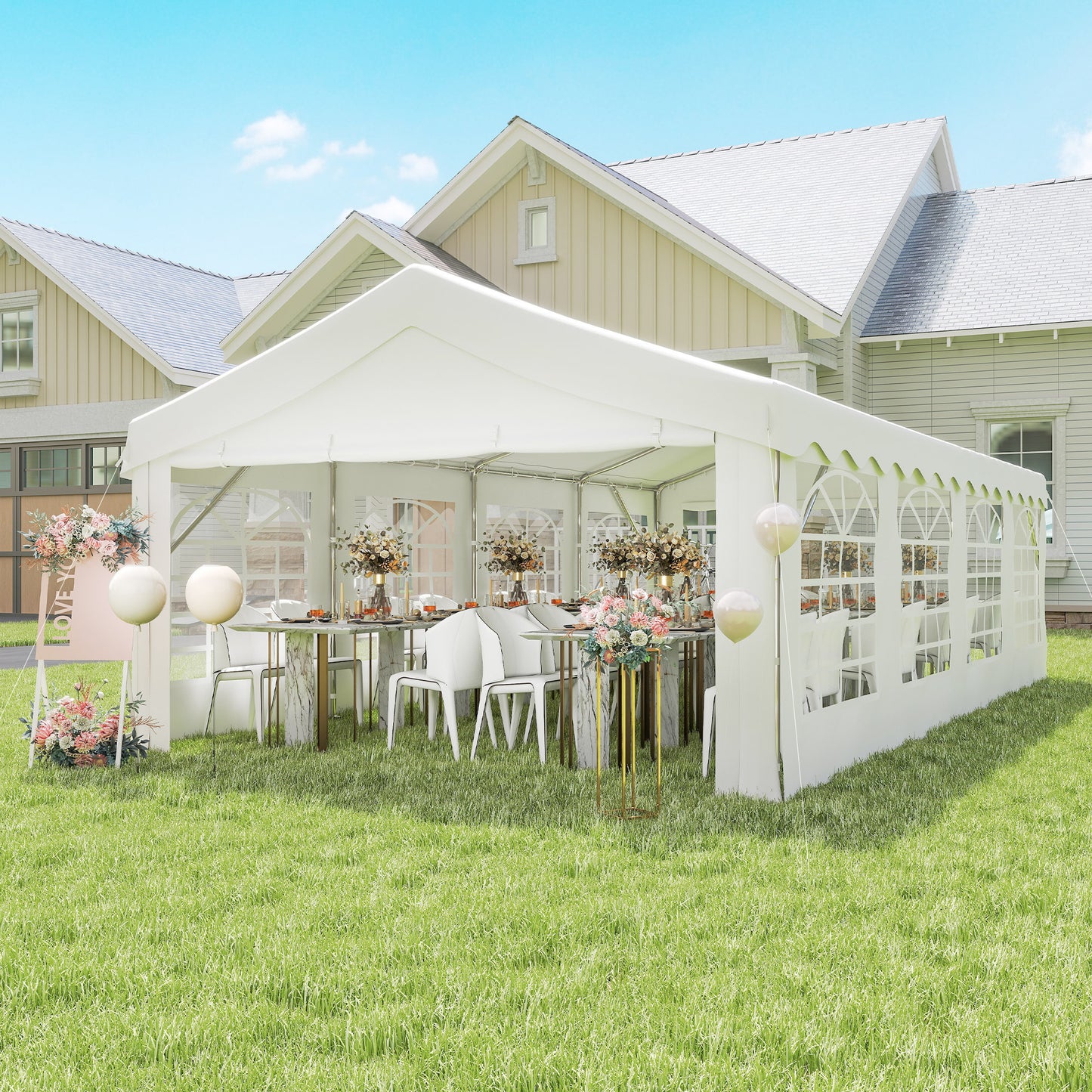 US Local 13' X 26' Heavy-Duty Outdoor Carport Party Event Tent, Patio Gazebo Canopy Pavilion With 4 Sidewalls & 8 Windows, White