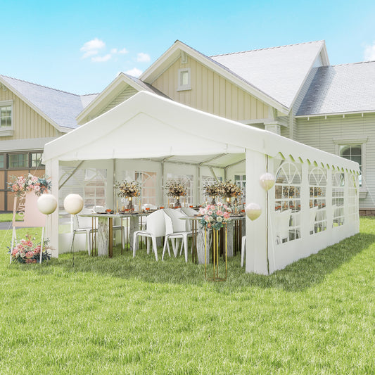 US Local 13' X 26' Heavy-Duty Outdoor Carport Party Event Tent, Patio Gazebo Canopy Pavilion With 4 Sidewalls & 8 Windows, White
