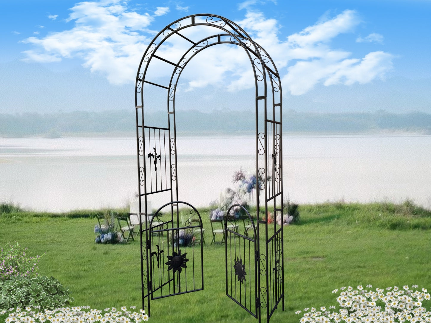 US Local Metal Garden Arch With Doors, Arbor Trellis For Climbing Plants, Outdoor Wedding