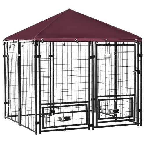 US Local Outdoor Kennel With Rotating Bowl Rack, Walk-in Pet Playpen, Welded Wire Steel Dog Pen, With Waterproof And UV Resistant Awning