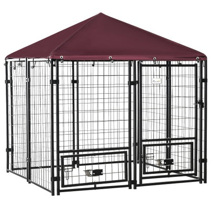US Local Outdoor Kennel With Rotating Bowl Rack, Walk-in Pet Playpen, Welded Wire Steel Dog Pen, With Waterproof And UV Resistant Awning