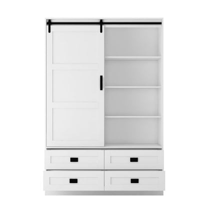 US Local Tall Bedroom Armoire Wardrobe Closet Clothing Storage Cabinet With Hanging Rod Barn Door Drawers Open Shelves