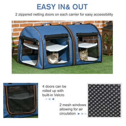Portable Twin Compartment Show House Cat Cage 39  Soft-Sided Pet Kennel With Soft Cushions  Storage Bag Blue