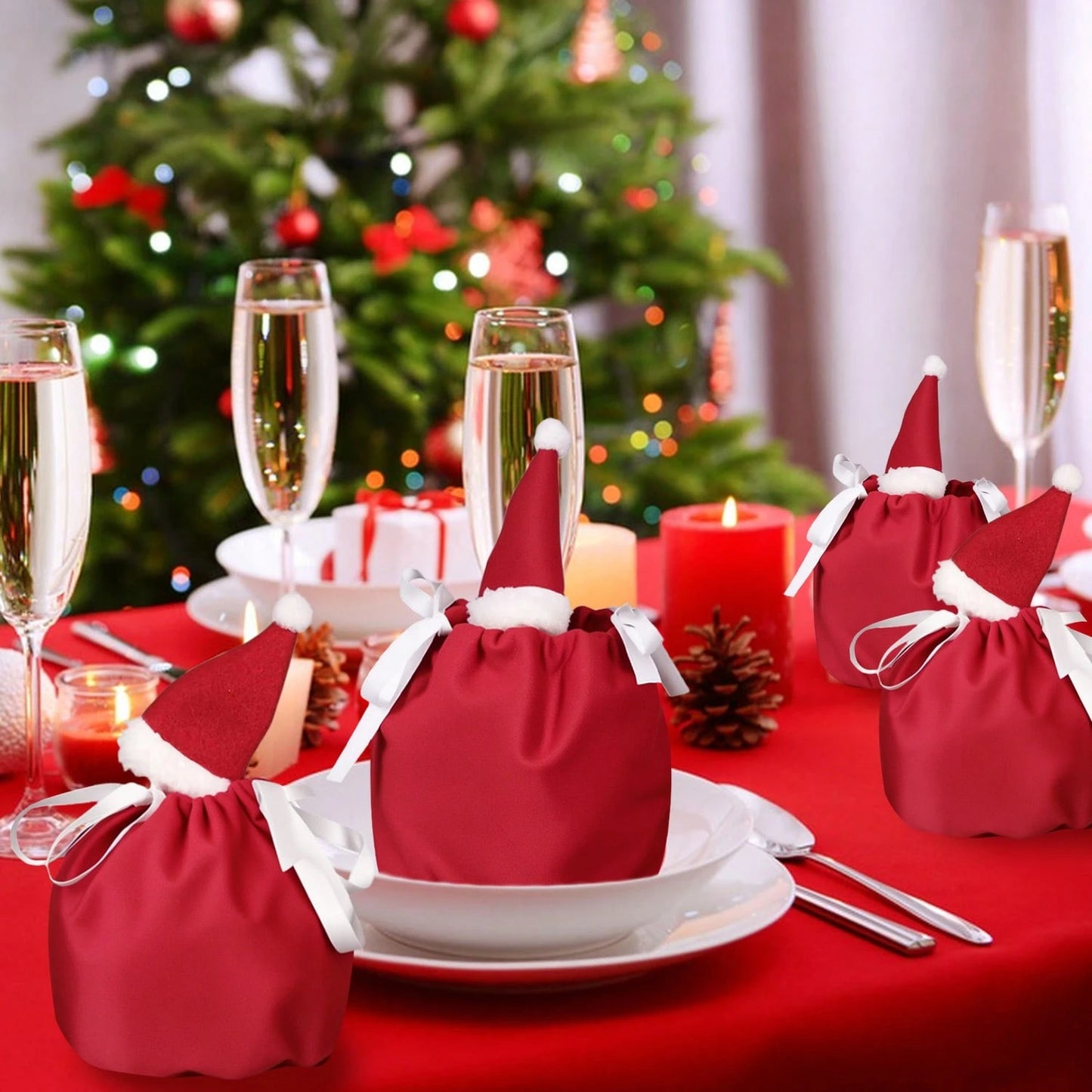 US Local Set Of 5 Christmas Velvet Drawstring Gift Bags With Reindeer Antler Design. Suitable For Organizing Jewelry Or Candy. Santa Gift Bags, Perfect For Holidays, Weddings, And Birthday Party Favors.