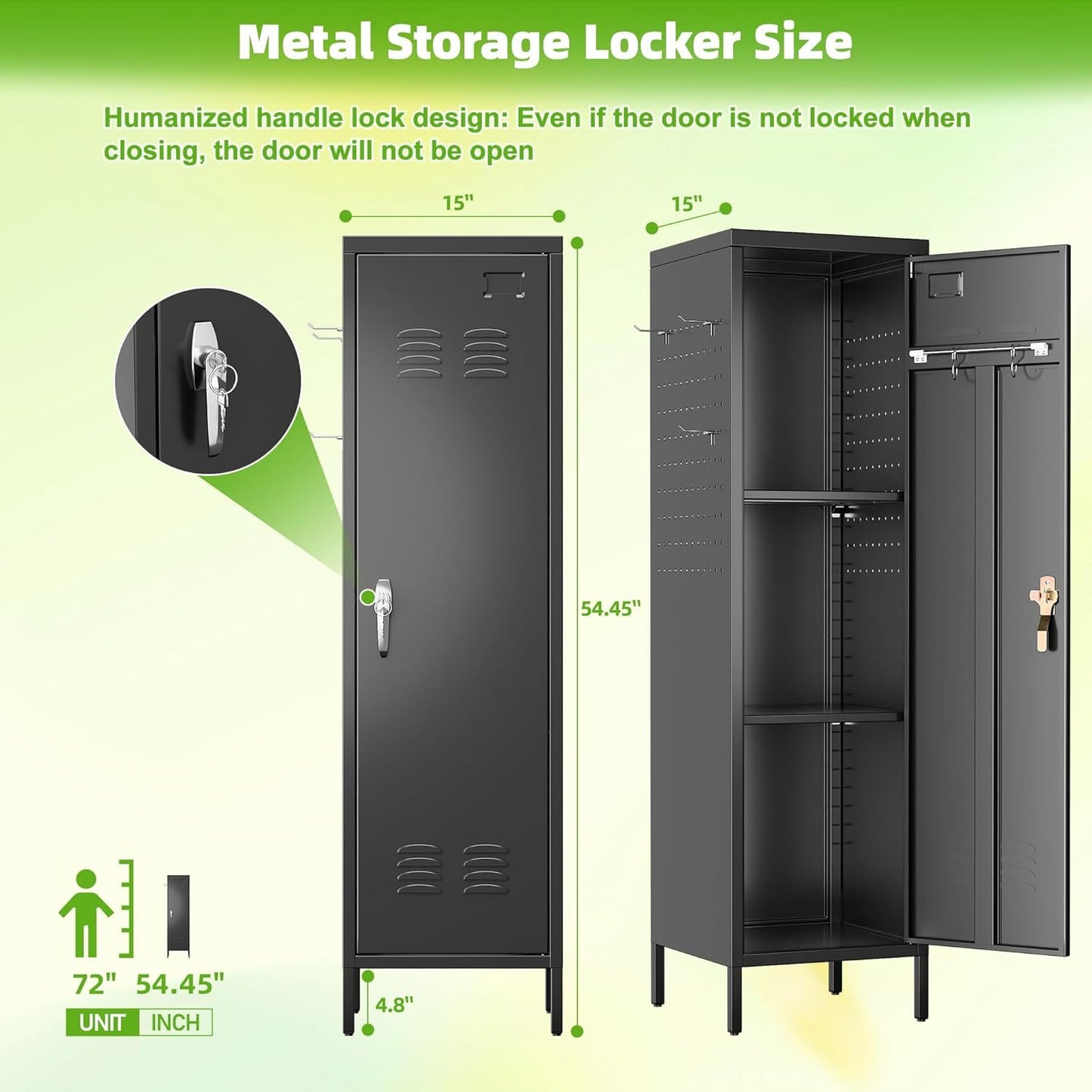 US Local Metal Lockers For Employees With Handle,Metal Storage Locker With 2 Pegboard & 5 Hooks For Gym, School, Office,Home,Garage,Black