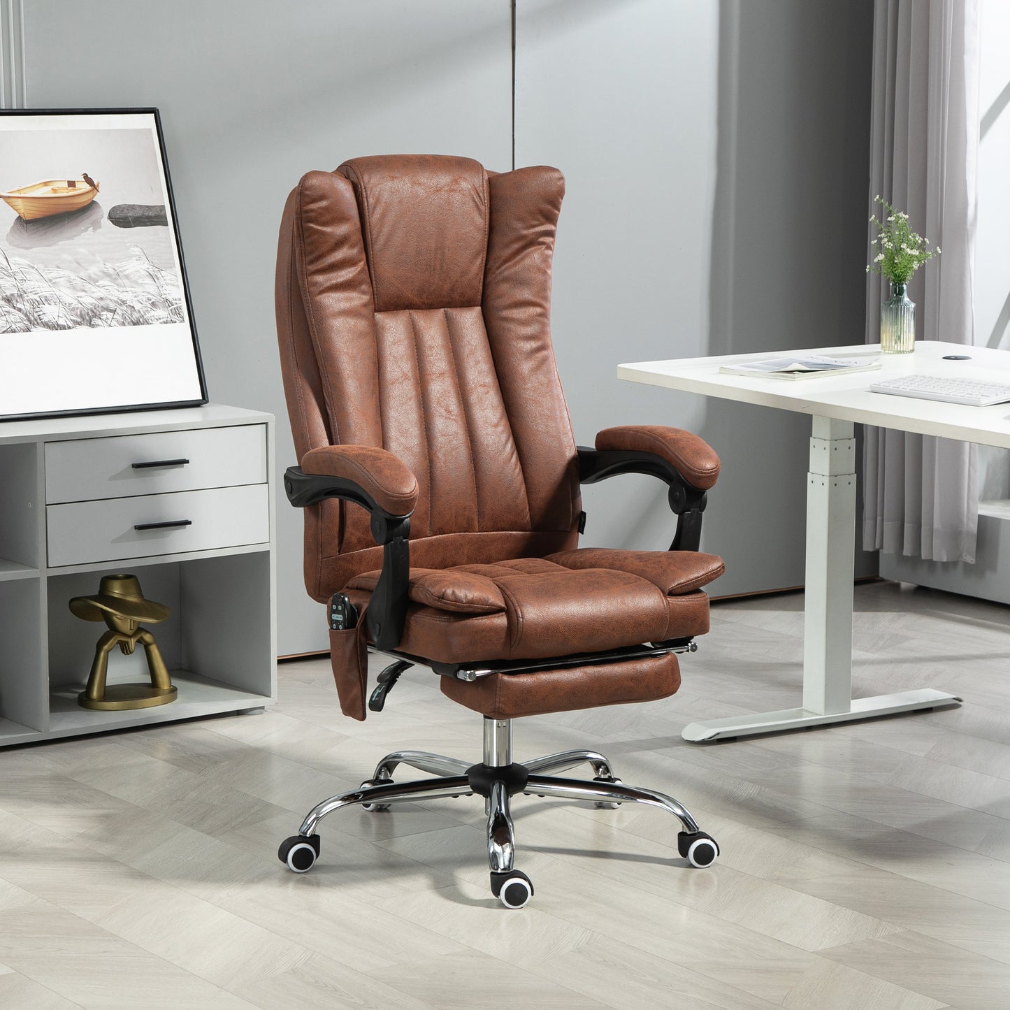 US Local Massage Office Chair With 6 Points And Heat, Reclining Computer Chair With Adjustable Height And Footrest, Brown