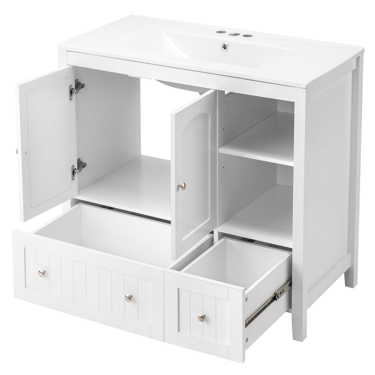 US Local White MDF Painted Double Door Double Drawer With Masking Strip Basin Cabinet 91x46x82cm