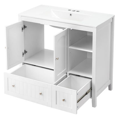 US Local White MDF Painted Double Door Double Drawer With Masking Strip Basin Cabinet 91x46x82cm