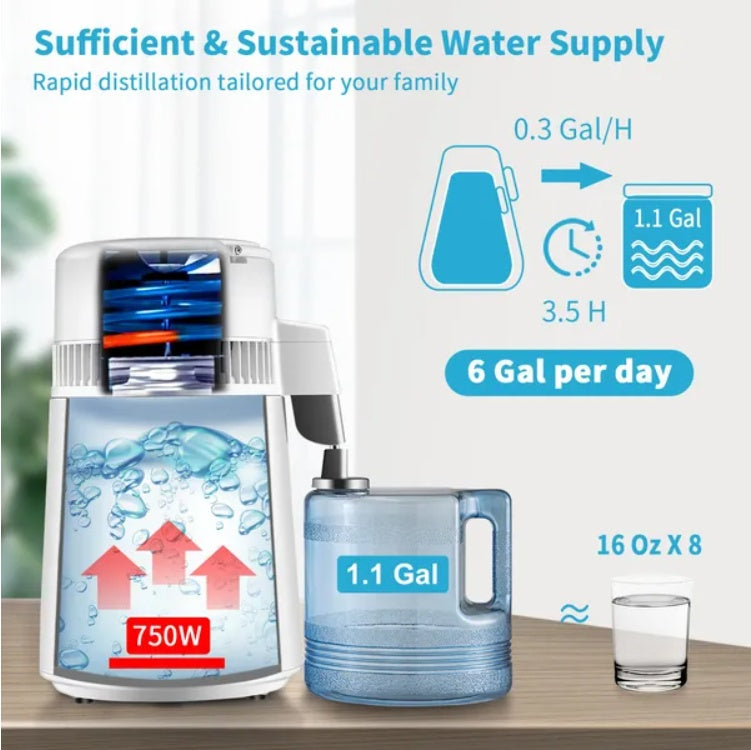 US Local VEVOR 1.1Gal Water Distiller, 0.3Gal H, 750W Distilled Water Maker Machine 0-99H Timing Set Temp Display, 304 Stainless Steel Countertop Distiller Plastic Carafe Cleaning Powder 3 Carbon Packs, White