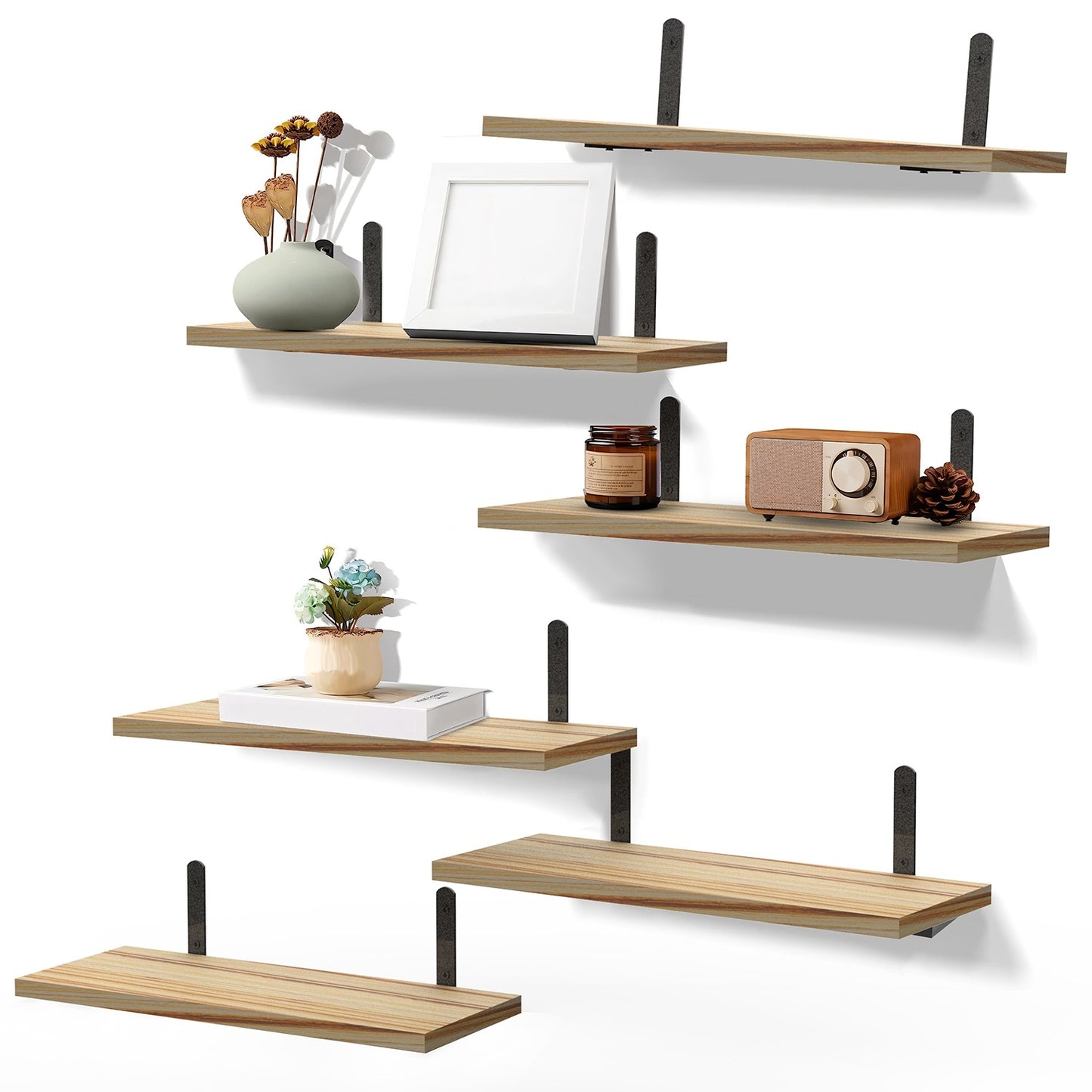 US Local 6 Sets Floating Shelves 15.74x5.74Inch Wall Mounted Shelves Wood Storage Shelves Metal Bracket Hanging Display Shelf Wall Organizer For Living Room Bathroom Kitchen Decor
