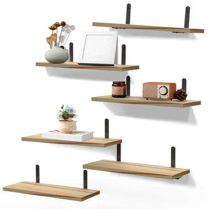 US Local 6 Sets Floating Shelves 15.74x5.74Inch Wall Mounted Shelves Wood Storage Shelves Metal Bracket Hanging Display Shelf Wall Organizer For Living Room Bathroom Kitchen Decor