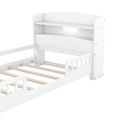 US Local Wood Twin Size Platform Bed With Built-in LED Light, Storage Headboard And Guardrail, White