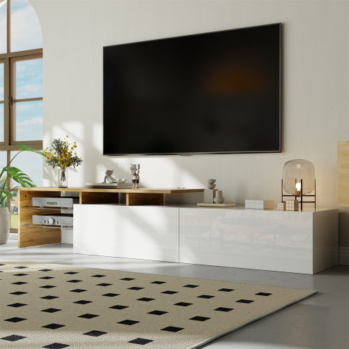 UK Local Modern TV Cabinet Design Stylish And Elegant, Practical Storage Space, Black And Wood Look, Glass Shelves, LED Lighting
