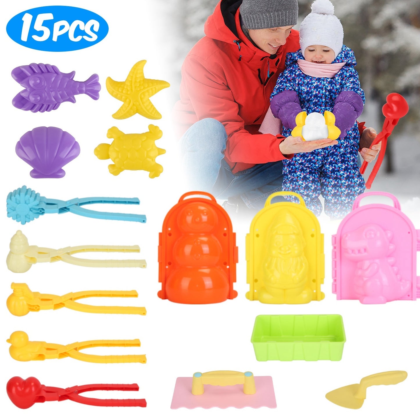 US Local Set Of 15Pcs Winter Snowball Tool Kit Kids Snow Molds Outdoor Snow Beach Toys For Kids Toddlers Adults Snowman Snowflake Duck Dinosaur