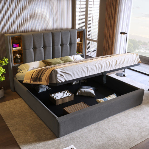UK Local Upholstered Double Bed 150 X 200cm With Wireless Charging USB Tyep-C, Hydraulic Storage Bed With Hydraulic Lever, Linen Fabric 5FT King Size Bed Frame With Large Storage Space,Grey No Mattress