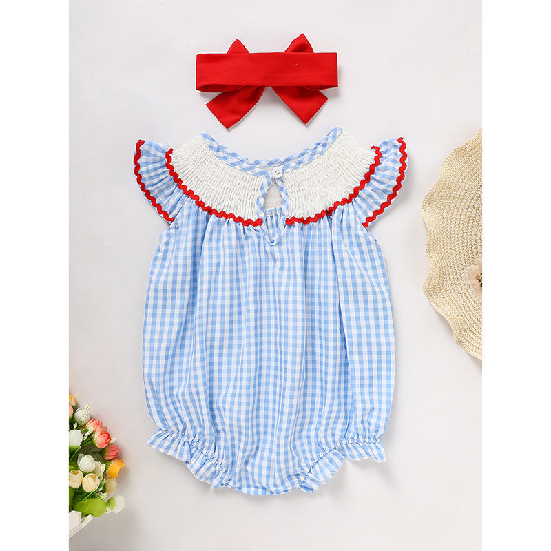 US Local Baby Girls Independence Day Outfit 4th Of July American Flag Embroidery Smocked Bubble Romper With Headband