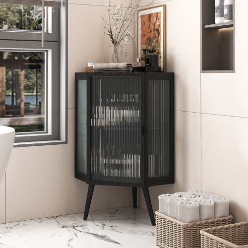 US Local Floor Standing Cone-shaped Cabinet With Tempered Glass Doors And Storage Shelves