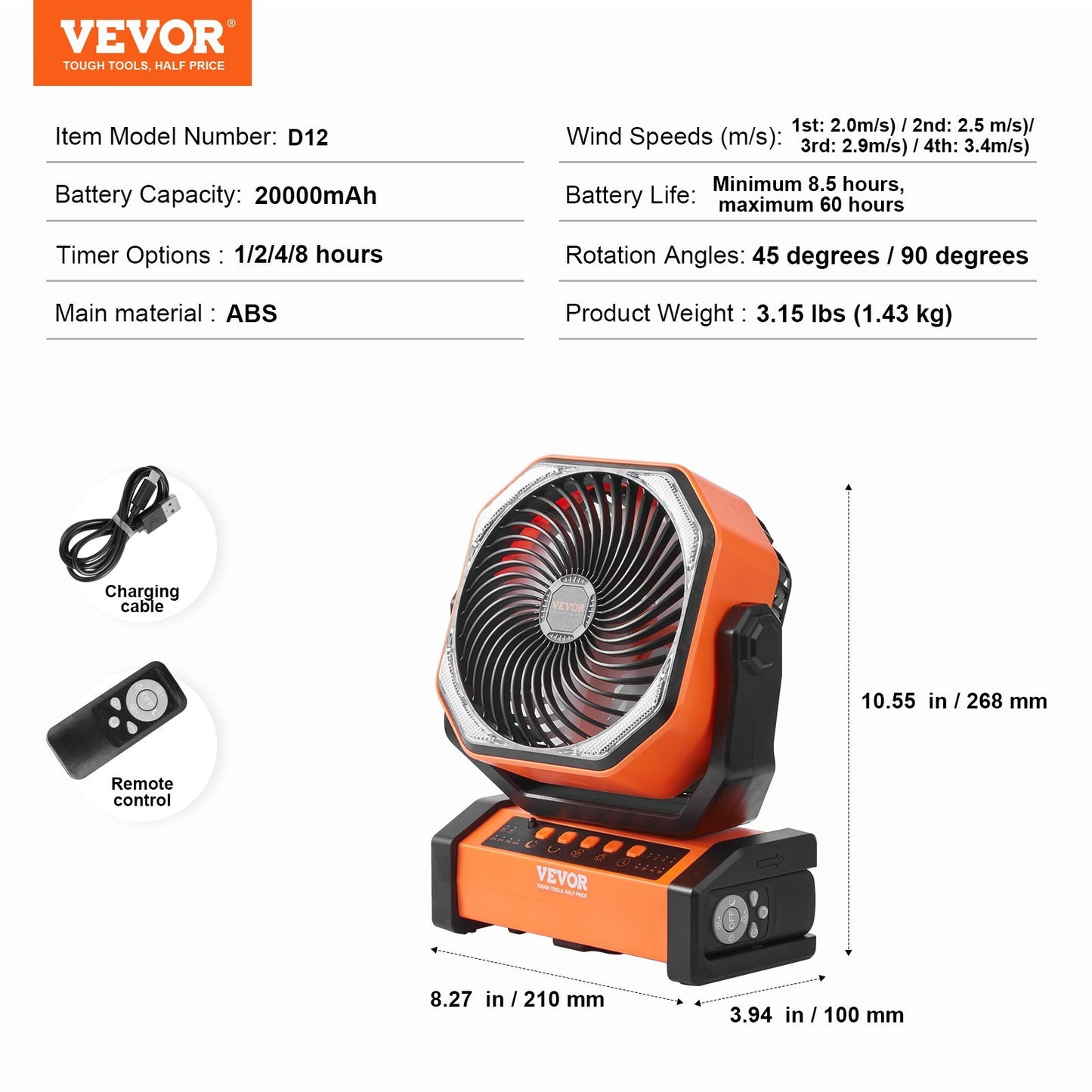 US Local VEVOR Portable Fan Rechargeable 9 Inch, Battery Powered Fan With LED Lantern, 4 Speeds Adjustable  Automatic Swivel & Timer , USB Battery Operated Fans For Travel Bedroom Home Camping Office