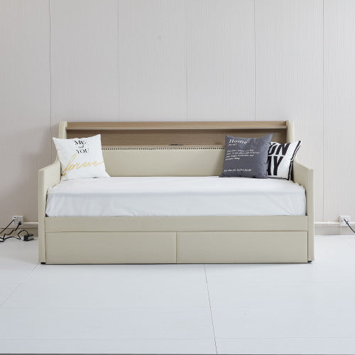 US Local Twin Size Daybed With Storage Drawers, Upholstered Daybed With Charging Station And LED Lights, Beige