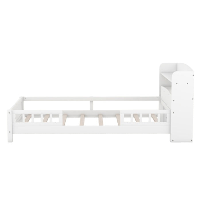 US Local Wood Twin Size Platform Bed With Built-in LED Light, Storage Headboard And Guardrail, White