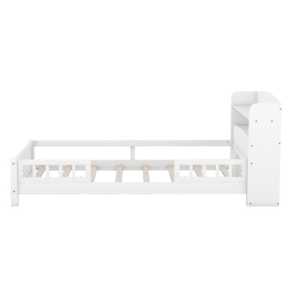 US Local Wood Twin Size Platform Bed With Built-in LED Light, Storage Headboard And Guardrail, White