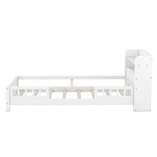 US Local Wood Twin Size Platform Bed With Built-in LED Light, Storage Headboard And Guardrail, White