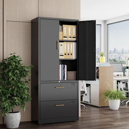US Local 2 Drawer Lateral File Cabinet With Lock, Metal Filing Storage Cabinet With Locking Doors And 2 Adjustable Shelves For Home, Office, School, Fits A4 Letter Legal Size Folders, Assembly Required