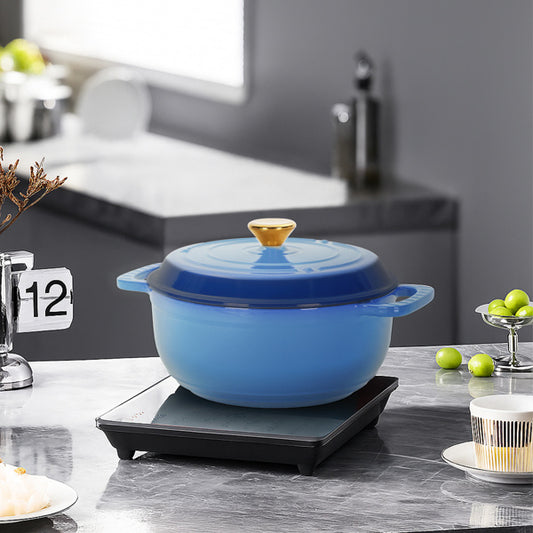 US Local Cast Iron 6QT Cooking Pot - Gradient Blue - Includes Two Silicone Gloves - Enamel Pot