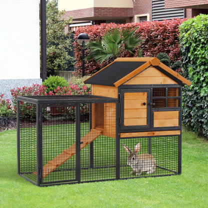 2-Level Rabbit Hutch Bunny Cage, Elevated Pet House With Weatherproof Hinged Asphalt Roof, Removable Tray & Ramp For Outdoor, Natural