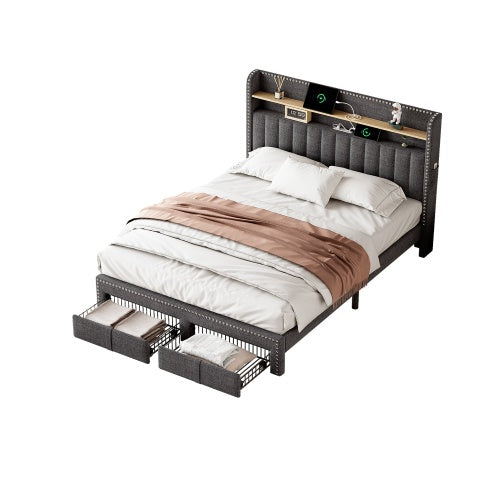 UK Local 4ft6 Double Upholstered Bed With 2 Storage Drawers, Riveted Storage Bed With Charging And Lighting, Linen Platform Bed Frame No Box Spring Needed, Easy Assembly, Grey No Mattress